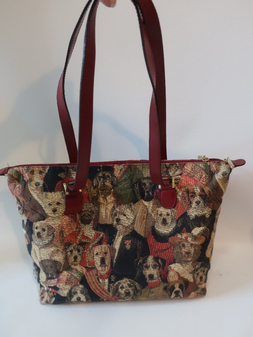 Womens Multicolor Woven Tapestry Woven Brocade Dog Pattern Shoulder Tote Handbag